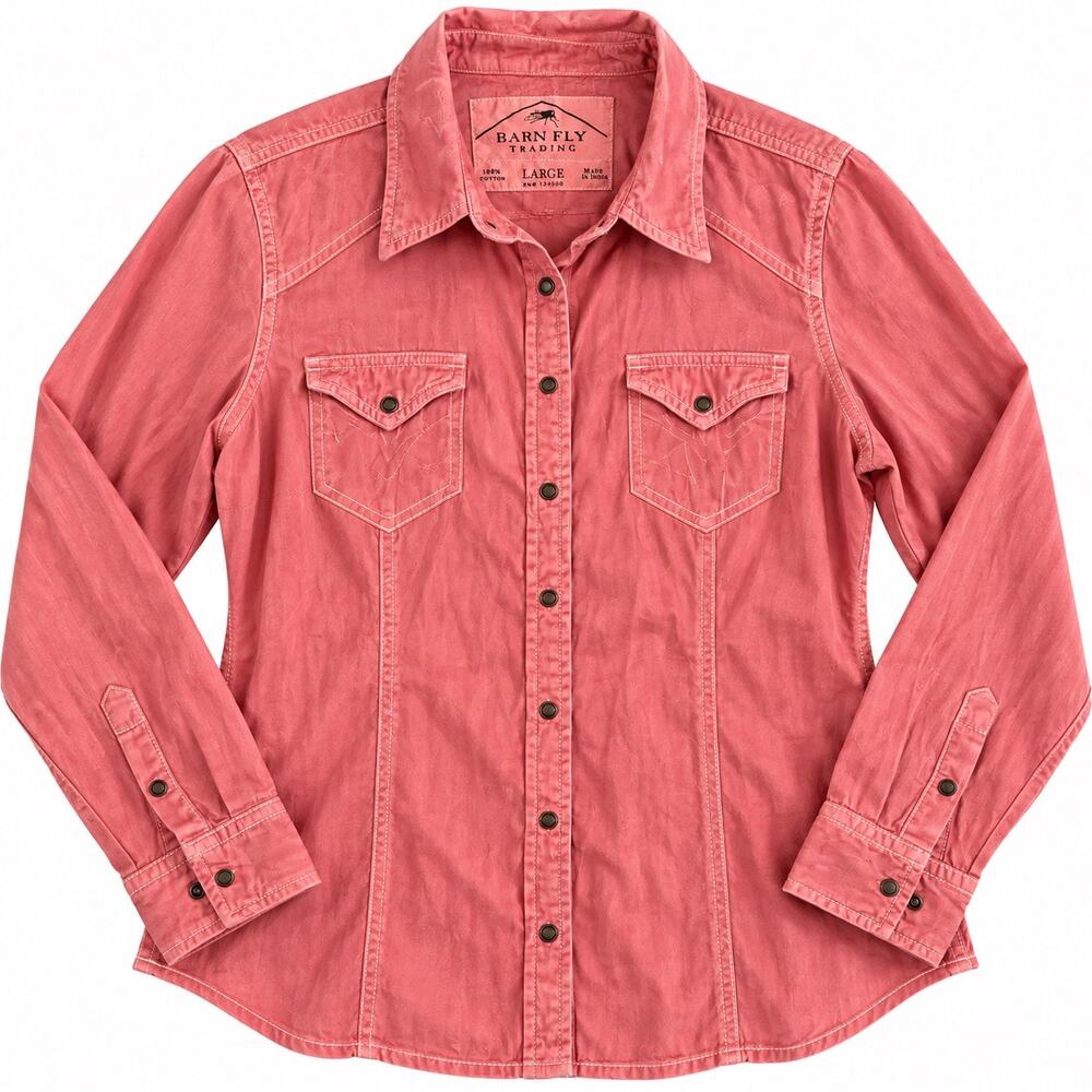 Barn Fly Trading Pink Western Pearl Snap Shirt Large Cowgirl Rodeo Cotton